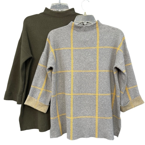 Tahari Sweaters - Tahari Sweater Bundle L Mock Neck Zip Back Olive Green & Gray Plaid